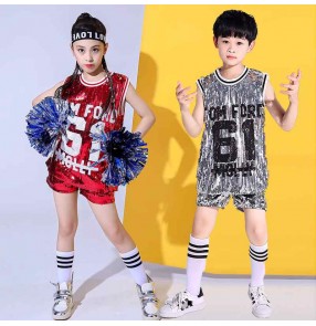 Children jazz dance costumes for girls boys silver red sequins hip hop street Rapper Singer dance outfits cheerleaders performance uniforms